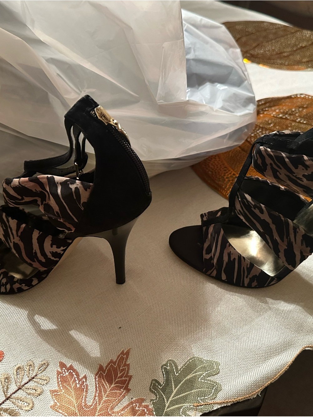 G by Guess Black and Taupe Zebra-Print Strappy Heels